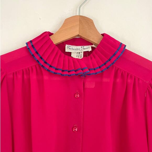 Vintage – Schrader Sport Sheer Pink Ruffle Neck Blouse - Picture 3 of 6